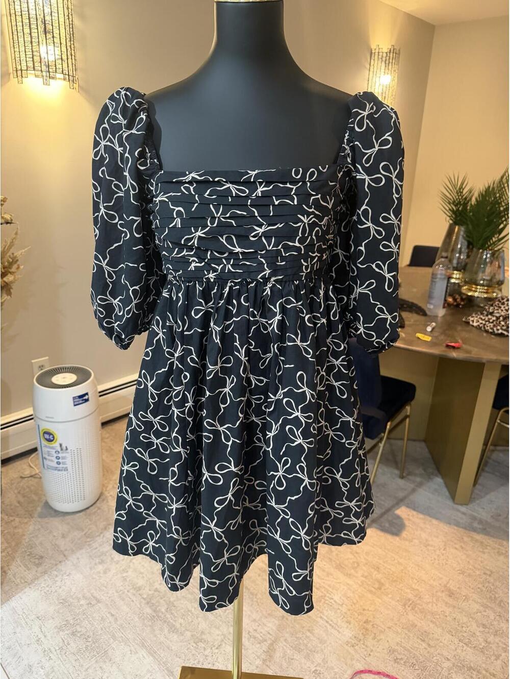 NWT Abercrombie & Fitch Emerson Poplin Puff Sleeve Mini Dress Black Bow print - Picture 2 of 6